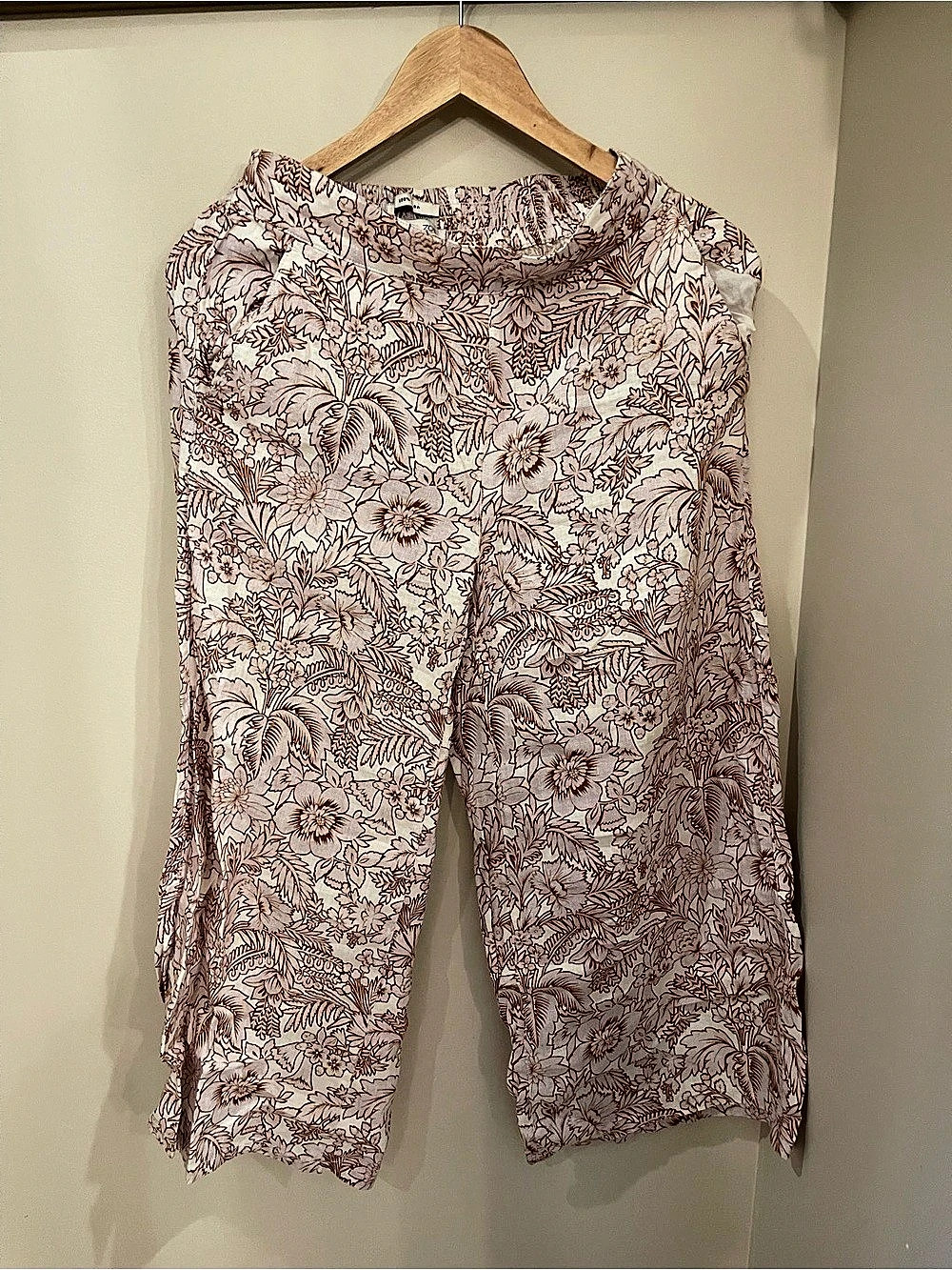 Rachel Zoe Floral Linen Cropped Pants in White & Brown Size XS